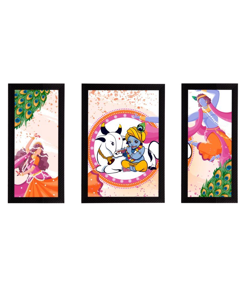     			eCraftIndia Set of 3 Pink & Blue Satin Matt Texture Lord Krishna & Radha UV Wall Arts