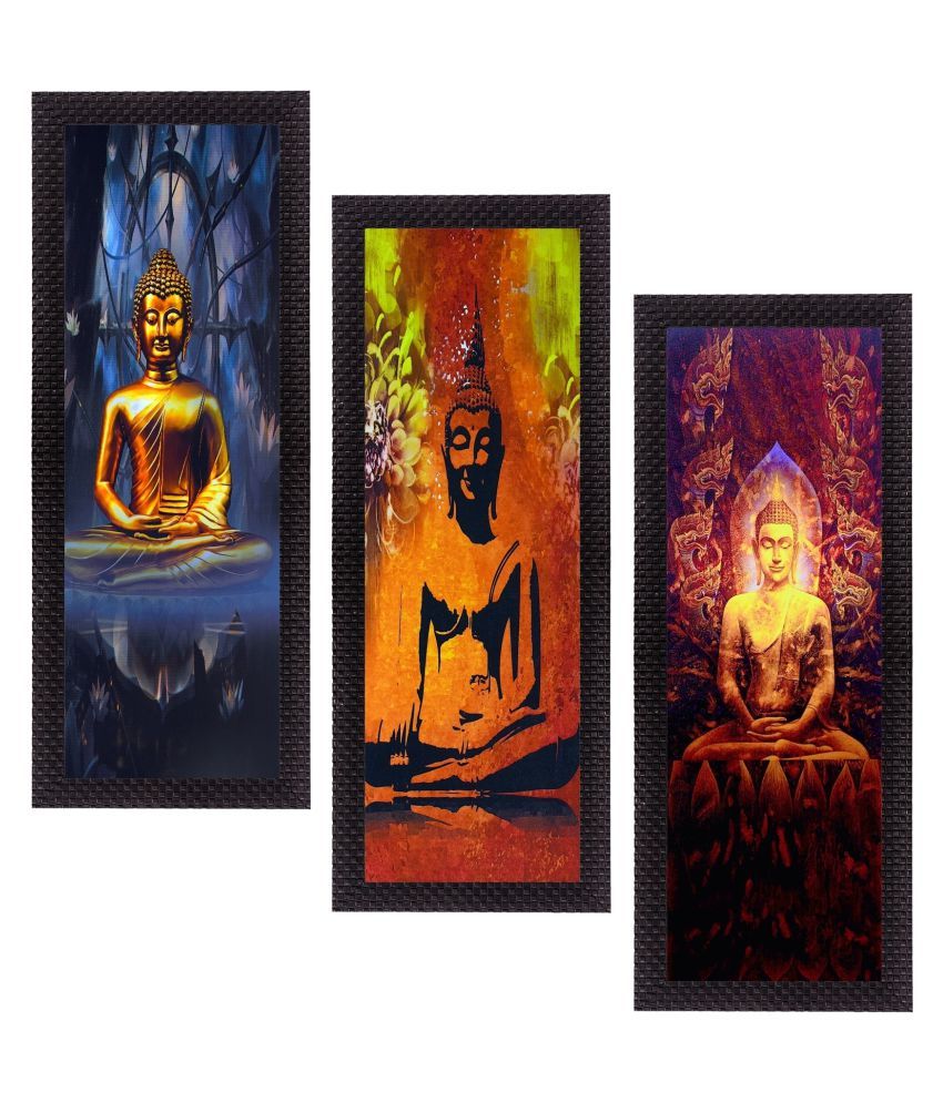     			eCraftIndia Set of 3 Blue & Gold-Toned Meditating Buddha Satin Matt Texture UV Wall Art