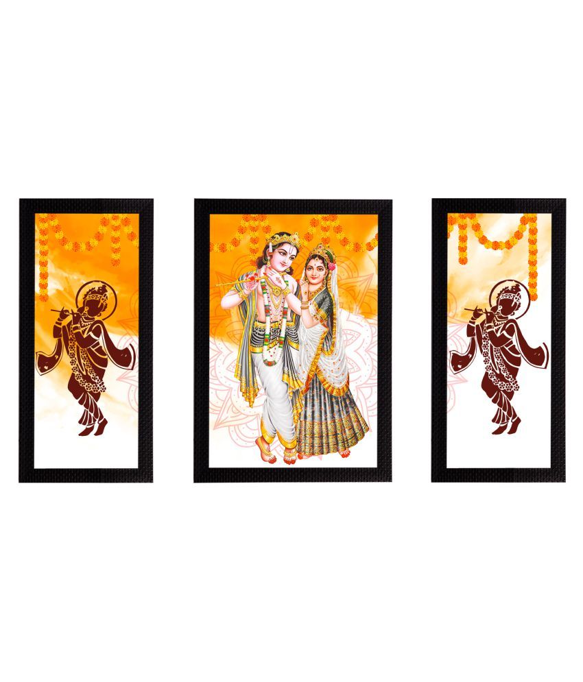     			eCraftIndia Set of 3 White & Orange Satin Matt Texture Radha Krishna UV Wall Arts