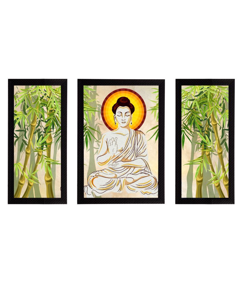     			eCraftIndia Set of 3 Beige & Green Meditating Lord Buddha Satin Matt Textured UV Wall Paintings