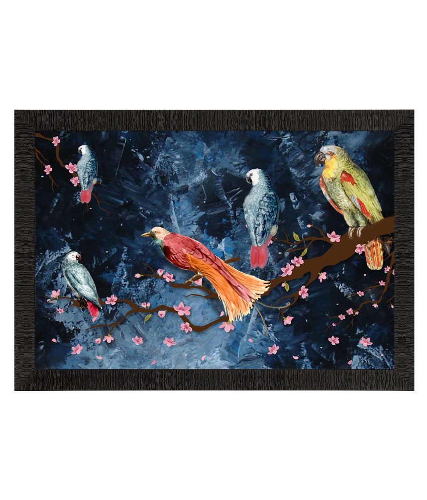     			eCraftIndia Navy Blue & Green Colorful Birds Sitting On Tree Branch Satin Matt Texture UV Wall Art