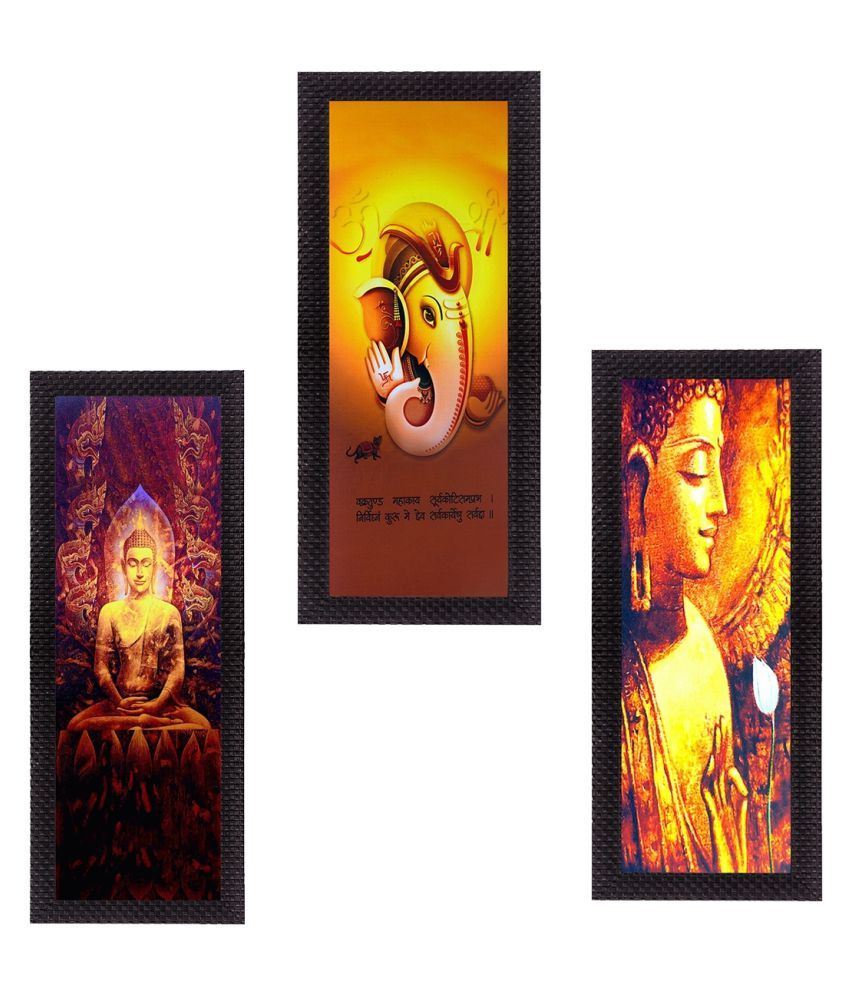     			eCraftIndia Set of 3 Yellow & Brown Ganesha & Buddha Satin Matt Texture UV Wall Art