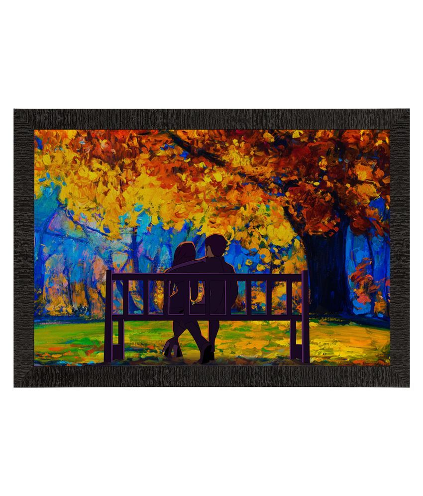     			eCraftIndia Yellow & Blue Romantic Couple Sitting On Bench Valentine Theme Satin Matt Textured UV Art Painting