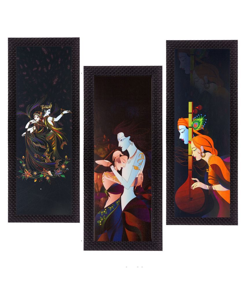     			eCraftIndia Set of 3 Brown & Orange Radha Krishna Satin Matt Texture UV Wall Art