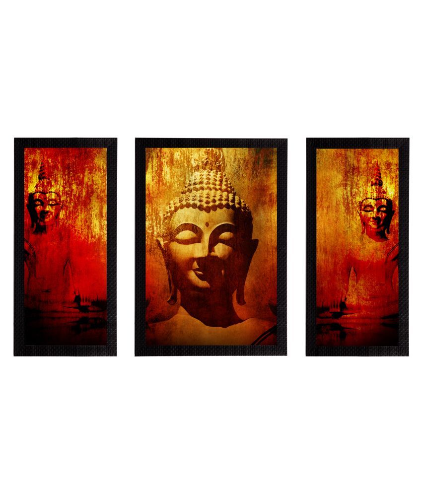     			eCraftIndia Set of 3 Orange & Red Meditating Lord Buddha Satin Matt Textured UV Art Painting