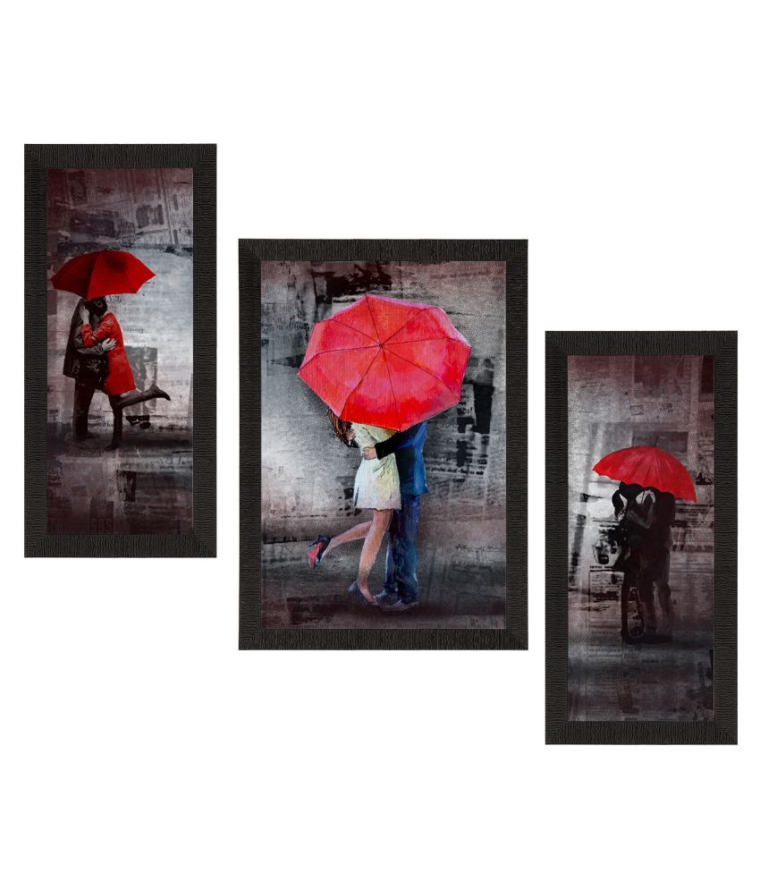     			eCraftIndia Grey & Red Set of 3 Loving Couple Under Umbrella Valentine Theme Satin Matt Texture Art Painting