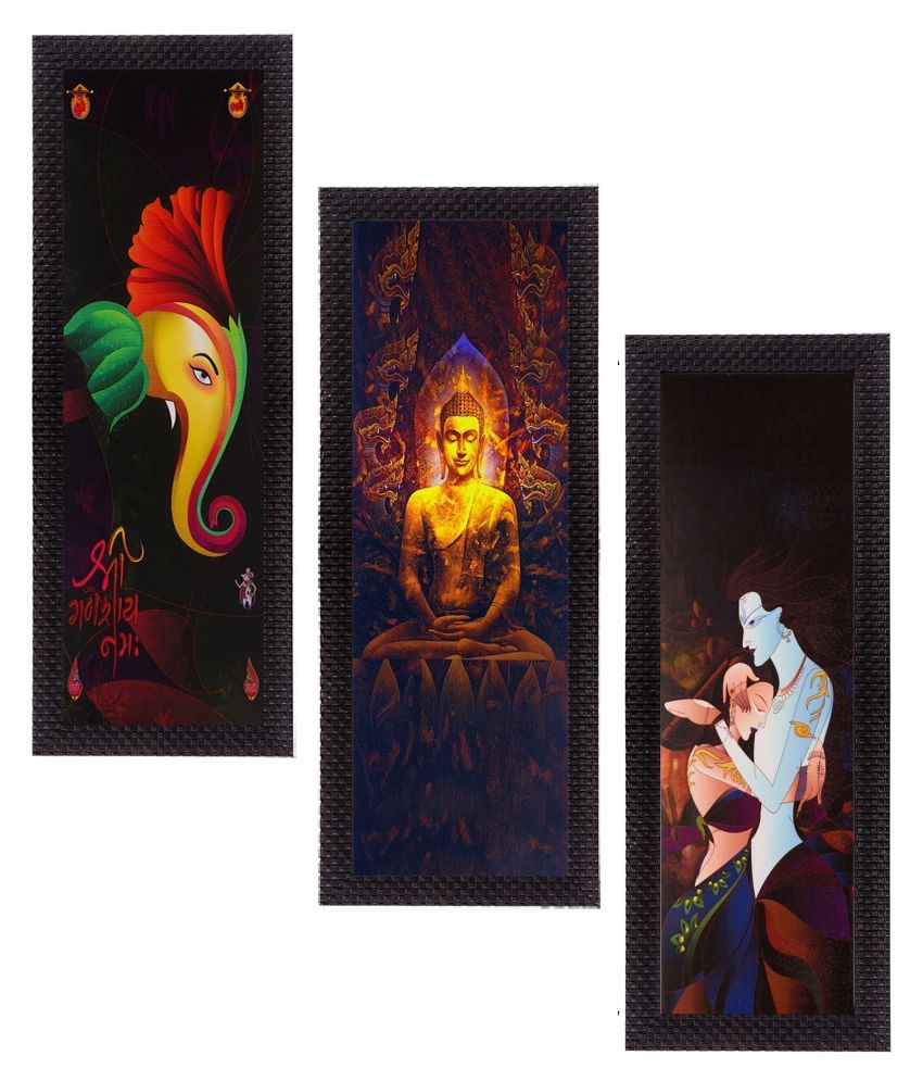     			eCraftIndia Set of 3 Black & Yellow Radha Krishna Ganesha Buddha Printed Satin Matt Texture UV Wall Art