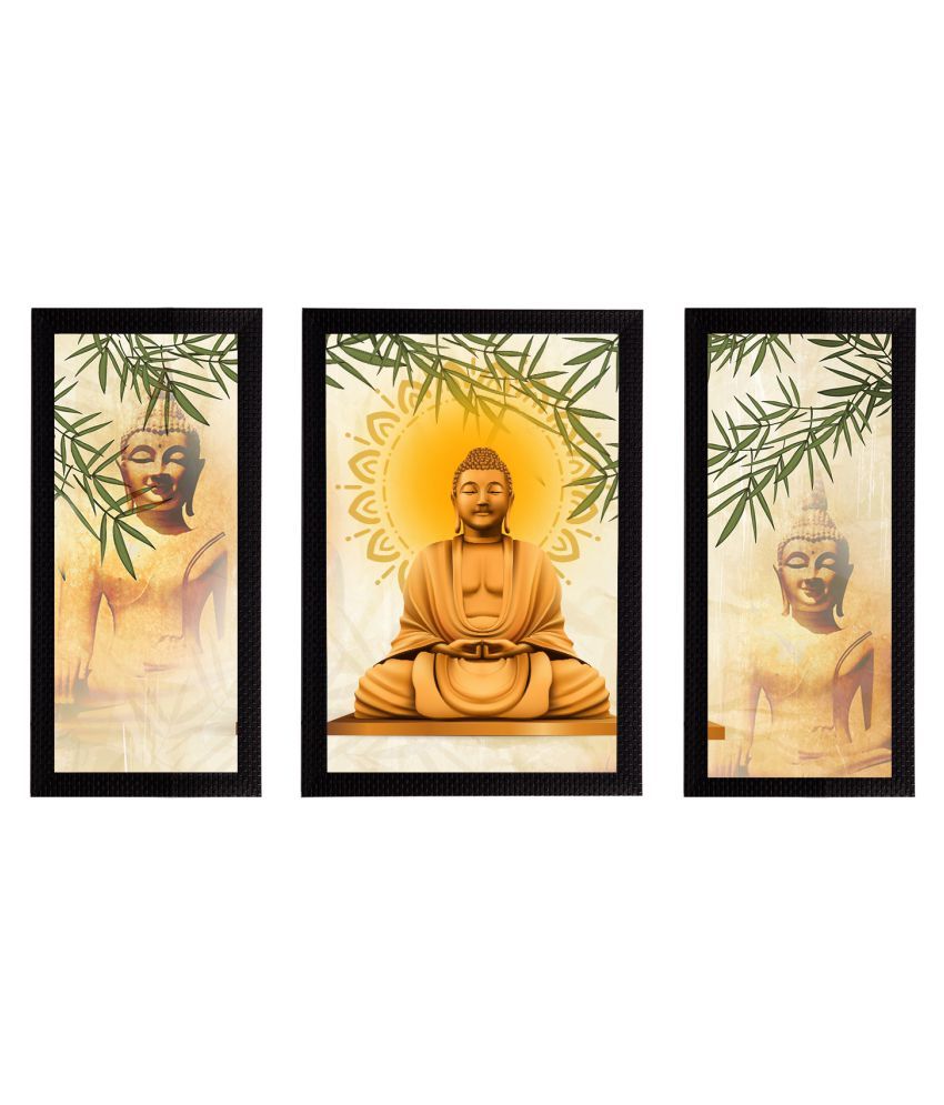     			eCraftIndia Set of 3 Yellow & Beige Meditating Lord Buddha Satin Matt Textured UV Wall Paintings