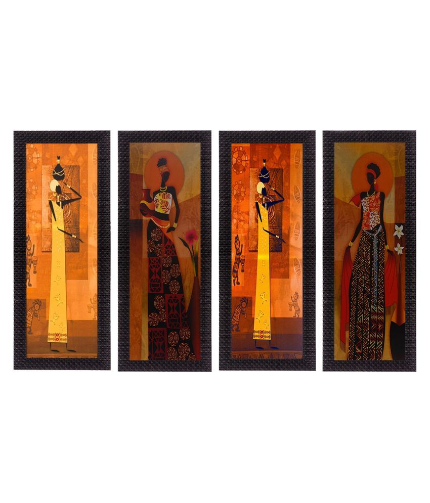     			eCraftIndia Yellow & Brown 4-Pieces Tribal Women Printed UV Wall Art