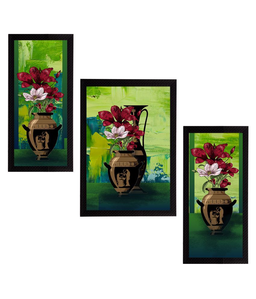     			eCraftIndia Set of 3 Green & Maroon Botanical & Floral Satin Matt Textured UV Wall Paintings