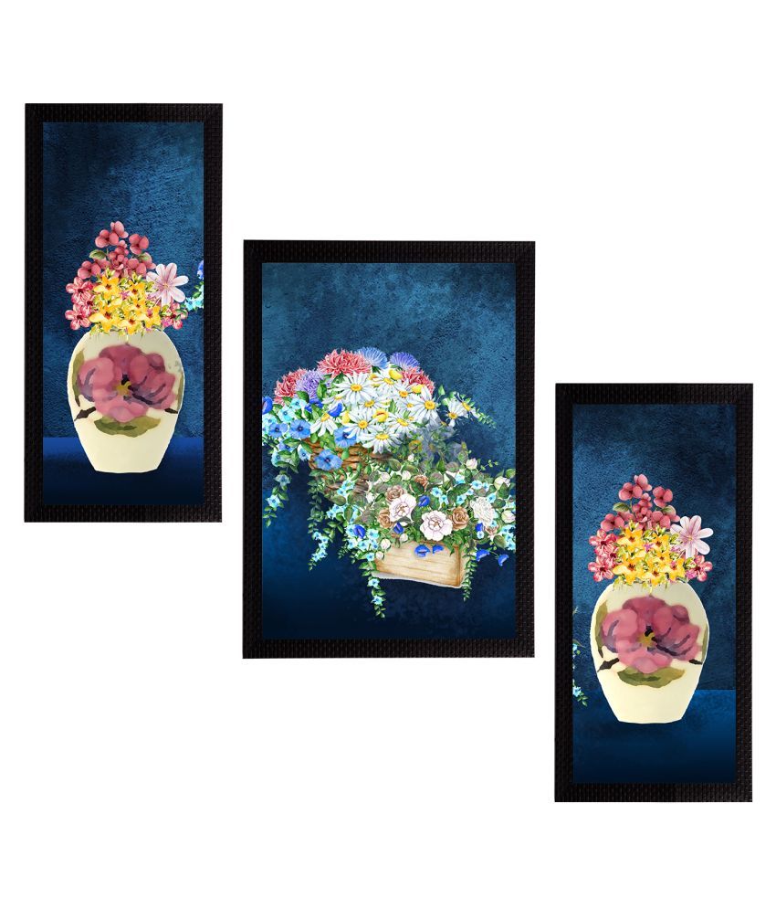     			eCraftIndia Set of 3 Blue & White Botanical and Floral Satin Matt Textured UV Art Painting