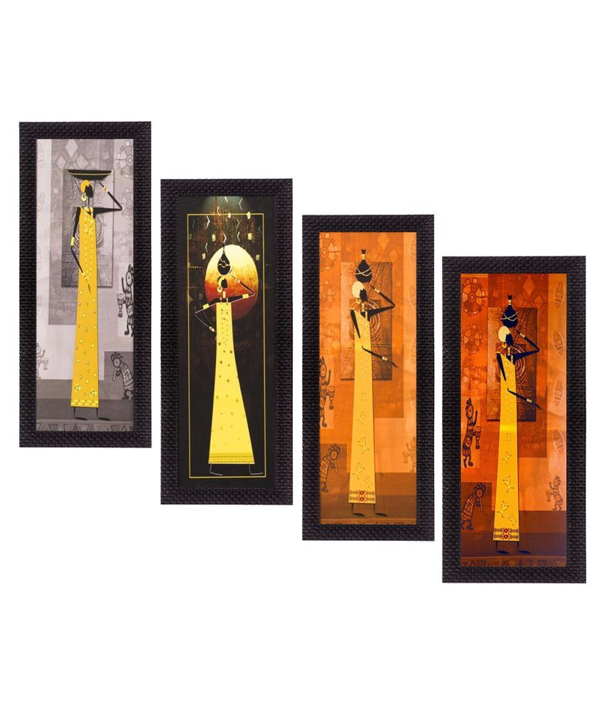     			eCraftIndia Set of 4 Orange & Yellow Tribal Women Satin Matt Texture UV Wall Art