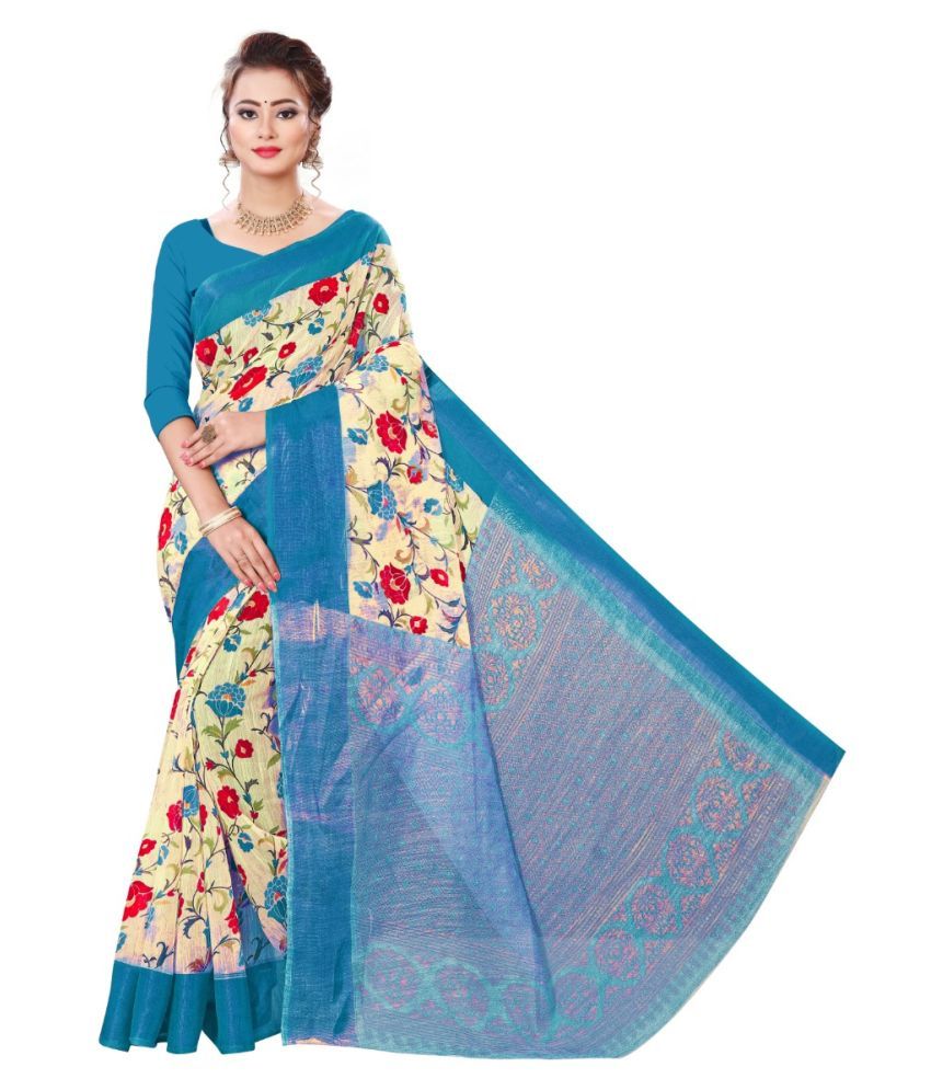     			Grubstaker Blue Cotton Silk Saree - Single