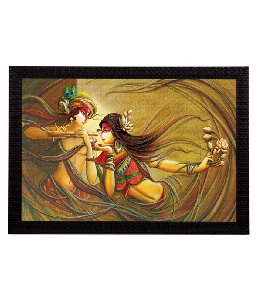     			eCraftIndia Unisex Yellow & Brown Radha Krishna Playing Flute Satin Matt Texture UV Wall Painting