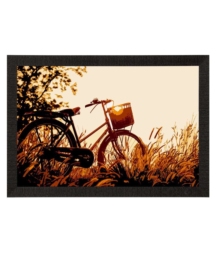     			eCraftIndia Brown & Mustard Yellow Cycle Standing In Grass View Satin Matte Texture UV Wall Painting