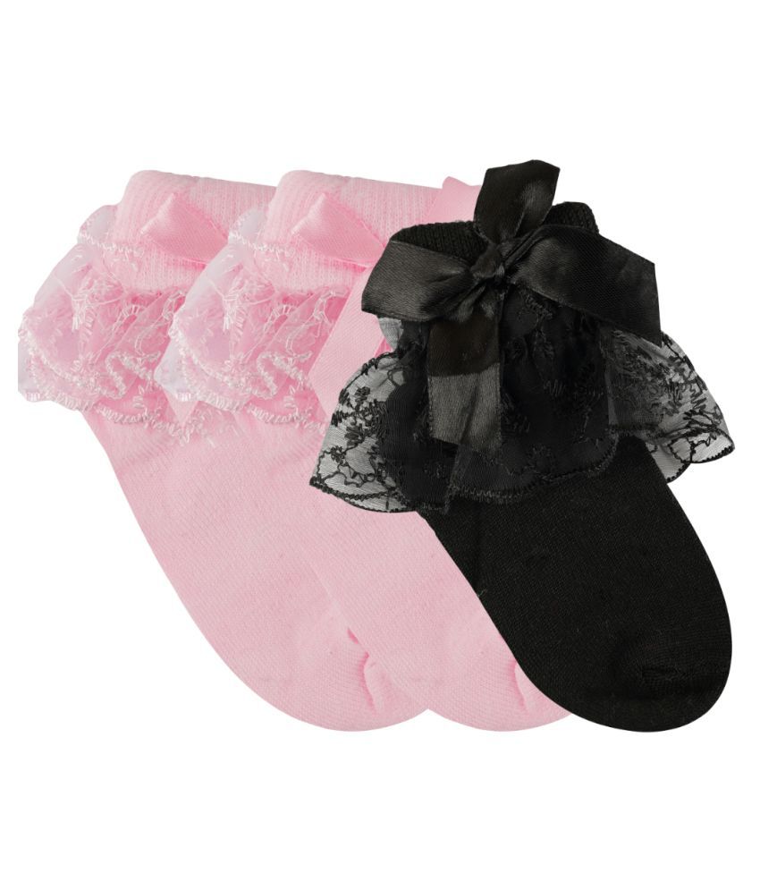 N2S NEXT2SKIN Girl's and Babies Frill Cotton Socks - Pack of 3 Pairs (Pink:Pink:Black, Medium (4-6 Years))
