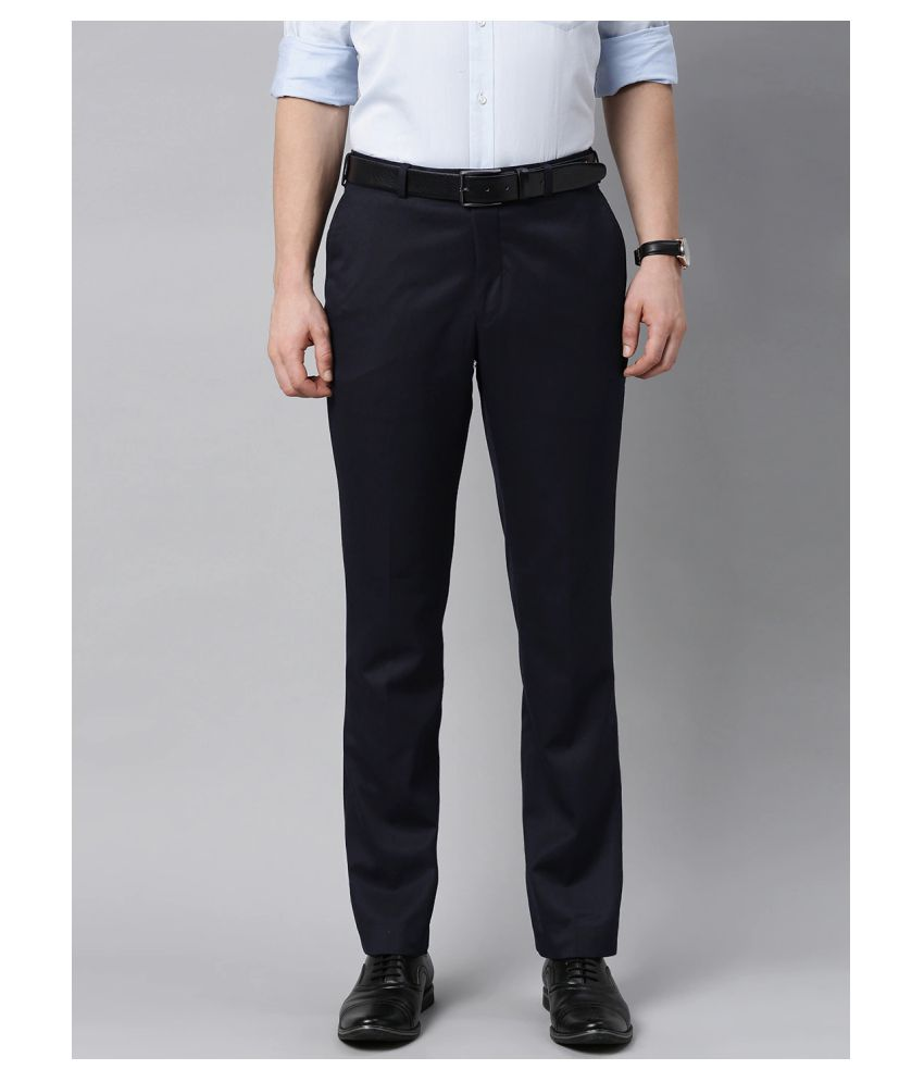     			Haul Chic Navy Blue Slim -Fit Flat Trousers