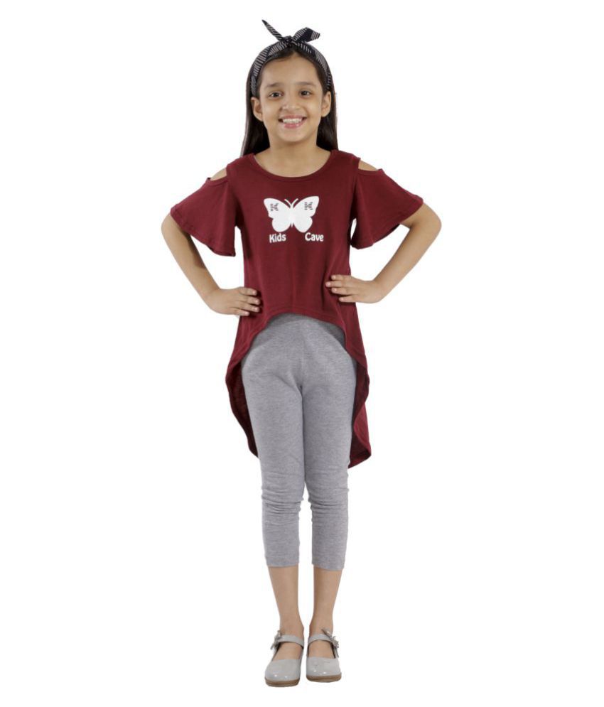     			Kids Cave tshirt/top dress for girls back drop/longline style print Butterfly with kids cave fabric Single jersey (Color_Maroon, Size_3 Years to 12 Years)