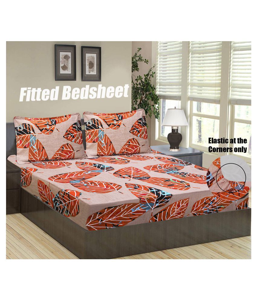     			HOMETALES Double Microfibre Orange Floral Fitted Sheet