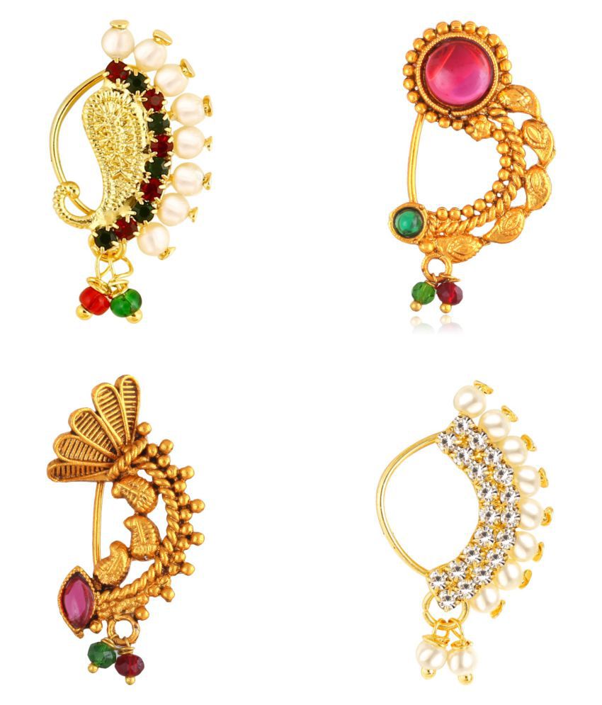 Vighnaharta Non Piercing Gold Plated Mayur design with Pearls and AD Stone Alloy Maharashtrian Nath Nathiya./ Nose Pin combo for women VFJ1003-1011-1029-1036NTH-Press