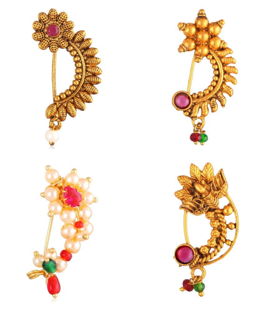 Vighnaharta Non Piercing Oxidised Gold with Artificial stone and beads Red Stone Alloy Maharashtrian Nath Nathiya./ Nose Pin combo for women VFJ1030-1035-1028-1034NTH-Press