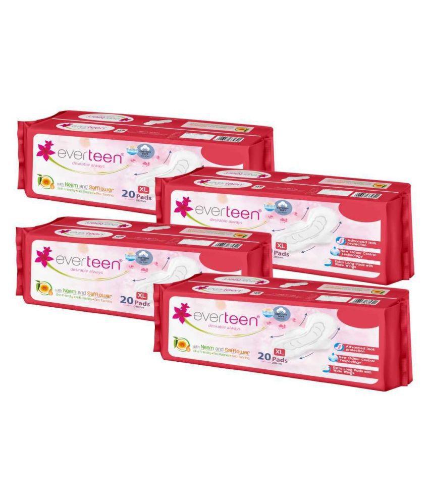     			everteen XL Sanitary Napkin Pads with Neem and Safflower, Cottony-Soft Top Layer for Women - 4 Packs (20 Pads, 280mm Each)