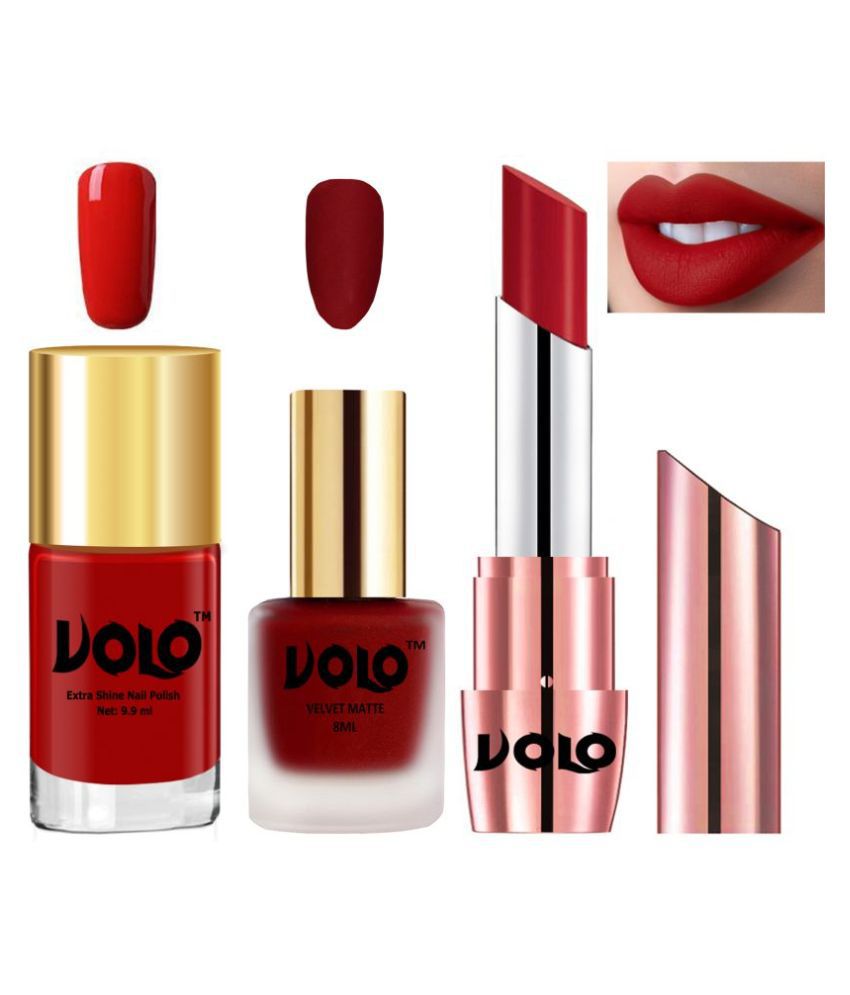     			VOLO Red Combo of 3 Pcs HD Shine Tomato Red Nail Polish, Matte  Tomato Red Nail Polish and Creme Matte Tomato Red Lipstck Makeup Kit Pack of 3 21