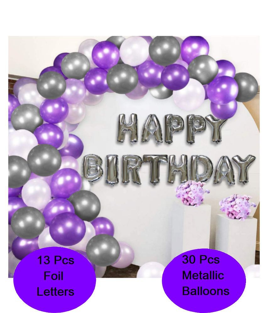 Blooms Elegant 31 Pcs Combo Happy Birthday Letter foil Balloon  + Purple,Silver and white Metallic Balloons