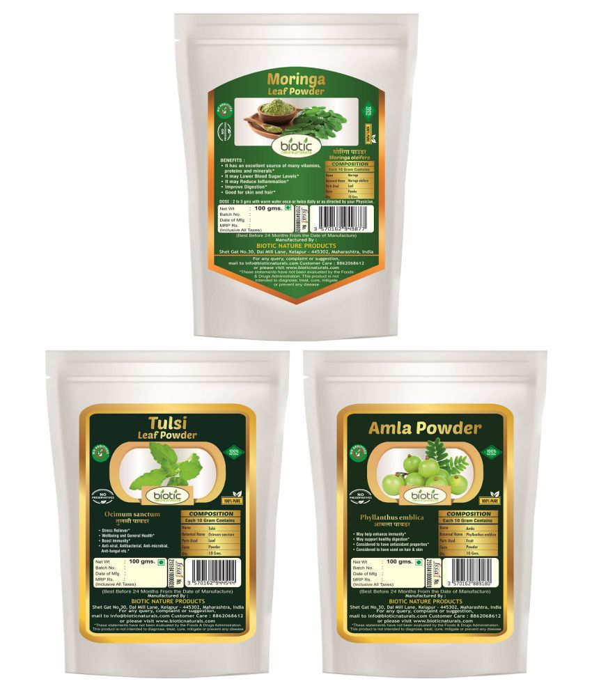    			Biotic Moringa Leaf Powder, Tulsi Powder and Amla Powder Powder 300 gm Pack of 3
