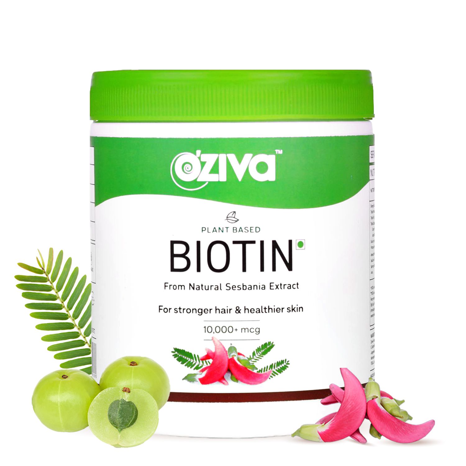 OZiva Plant Based Biotin 10000+ mcg (with Sesbania Agati Extract, Bamboo Shoot, Amla, Pomegranate), For Stronger Hair & Healthier Skin, 125g