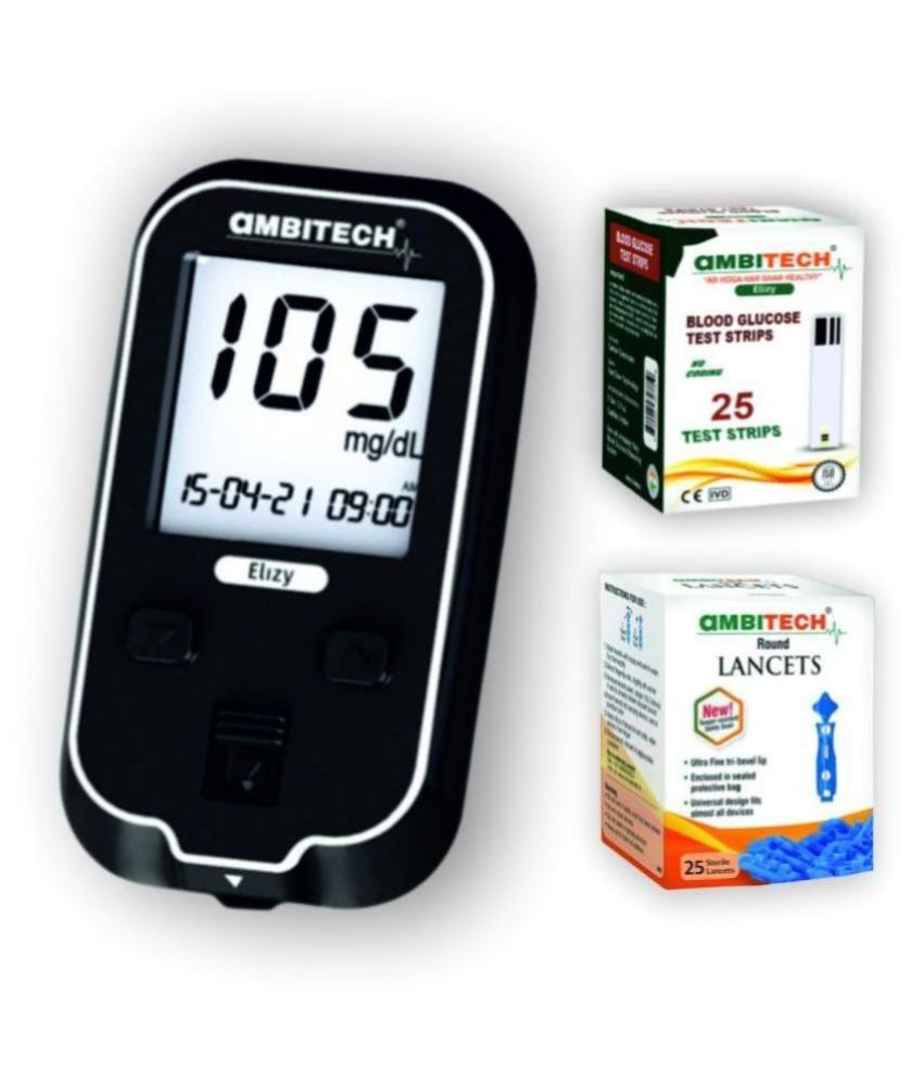 AmbiTech Elizy blood Glucometer and 25 strips with 25 lancets (Made in India) (Life time warranty)