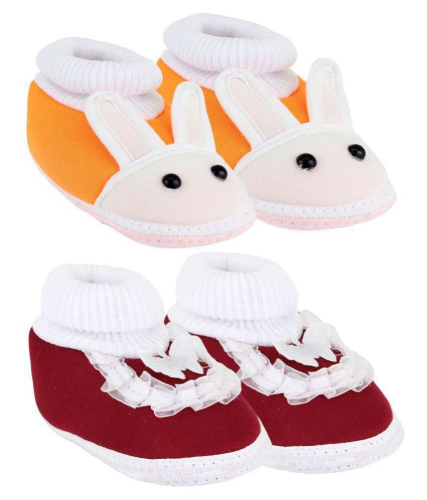 Neska Moda Pack Of 2 Baby Boys & Girls Orange And Maroon Cotton Booties For 0 To 12 Months