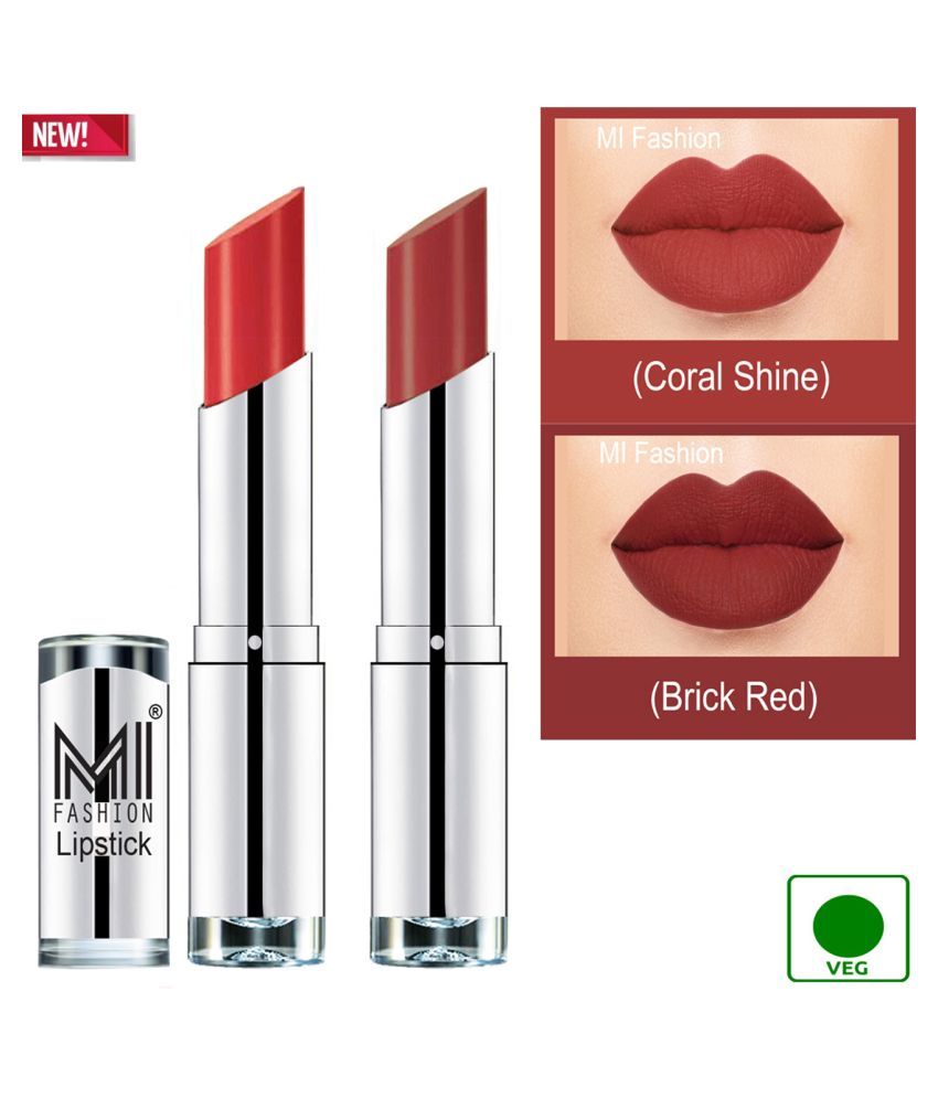     			MI FASHION 100% Veg Soft Matte Long Stay Lipstick Brick Red Coral Pack of 2 7 g