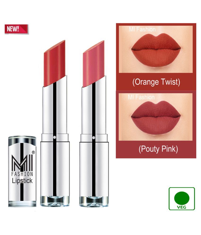     			MI FASHION 100% Veg Soft Matte Long Stay Lipstick Pouty Pink Orange Pack of 2 7 g