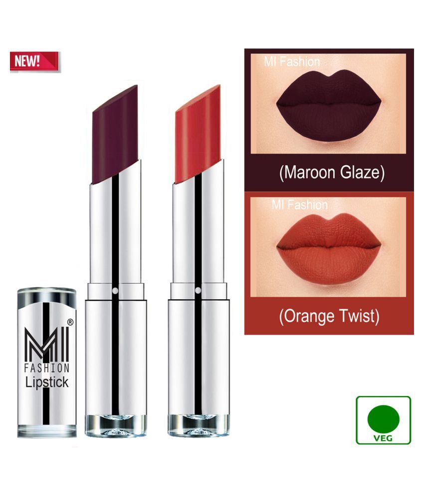     			MI FASHION 100% Veg Soft Matte Long Stay Lipstick Orange Fever Maroon Pack of 2 7 g