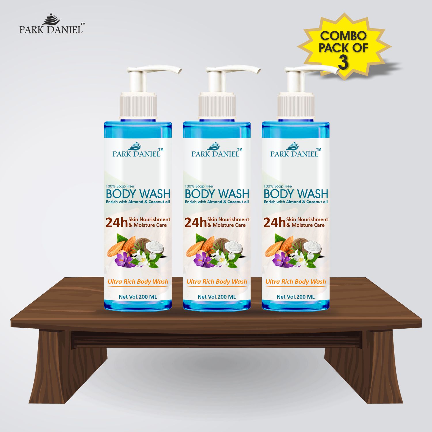 Park Daniel  Premium Body Wash  Enriched With Almond and Coconut Oil Body Wash 600 mL Pack of 3