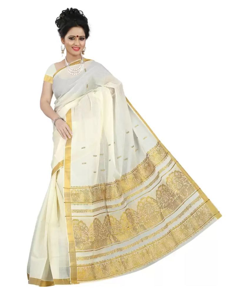     			BRINDAVAN CREATIONS Beige Kerela Cotton Saree -