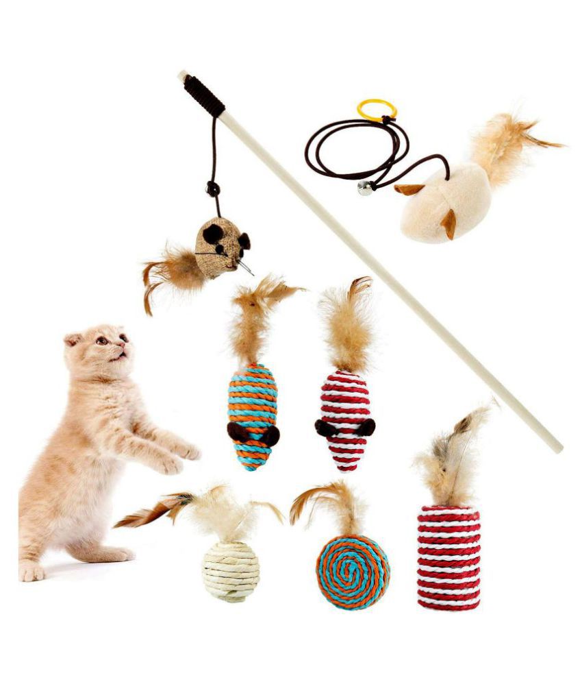 JAINSONS PET PRODUCTS® Cat Feather Toy Set with Scratch Pad Cover-Cat Wand Toy Cat Mice Toys Feather Toys Collection in Cat Gift Box (7 Pcs)