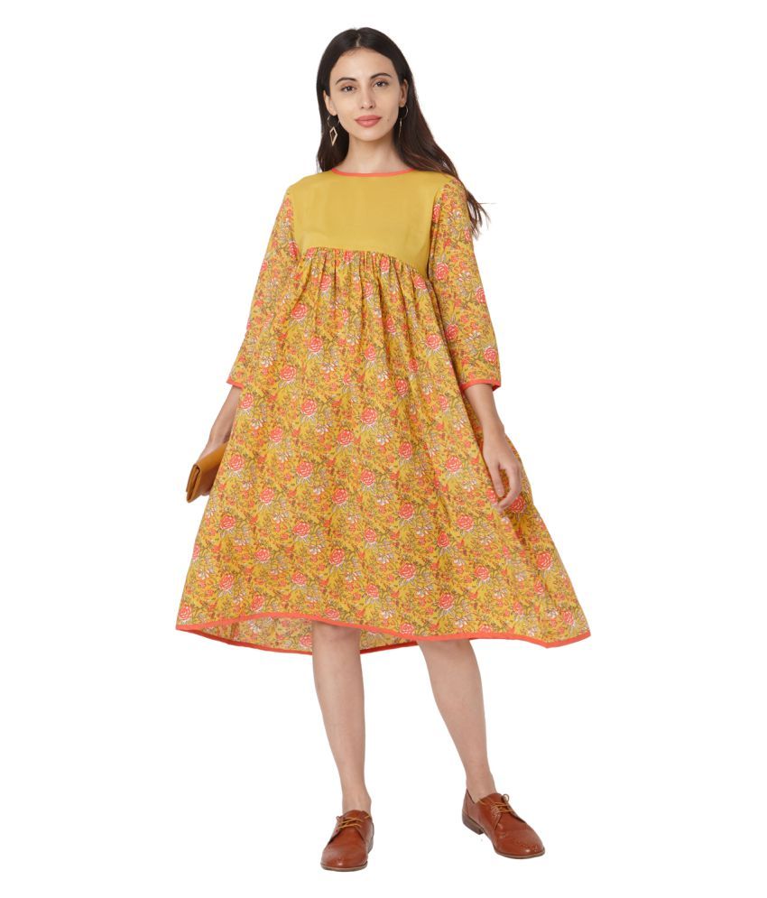     			SAANJH Yellow Cotton A-line Kurti -