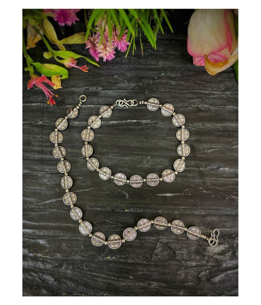 German Oxidised Silver Anklets Engraved Tribal Design Coins Payal Silver Plating & Beads Paijan