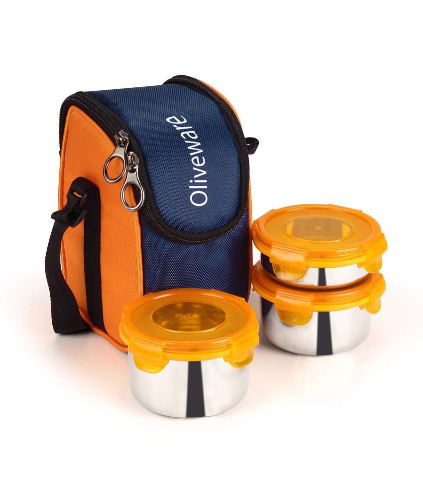     			Oliveware Stainless Steel 3 Air-Tight Lunch Box Containers with Bag - Orange