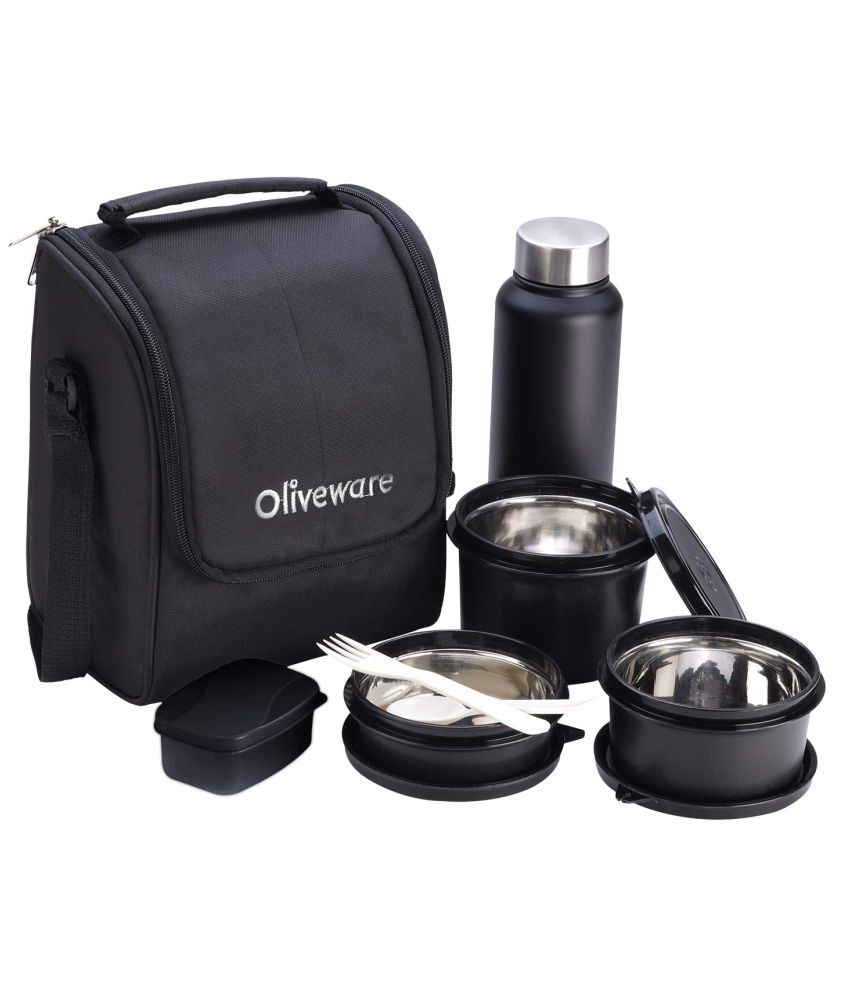 Oliveware Teso Lunch Box with Bottle 3 Stainless Steel Containers and Pickle Box and Assorted Steel Bottle -Black