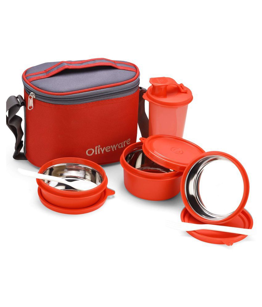     			Oliveware and Groove Steel Range Lunch Box of 3 Containers and Tumbler with Bag Red