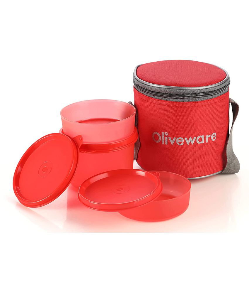 Oliveware - Polypropylene Lunch Box Set - Bag with 3 Containers - Red