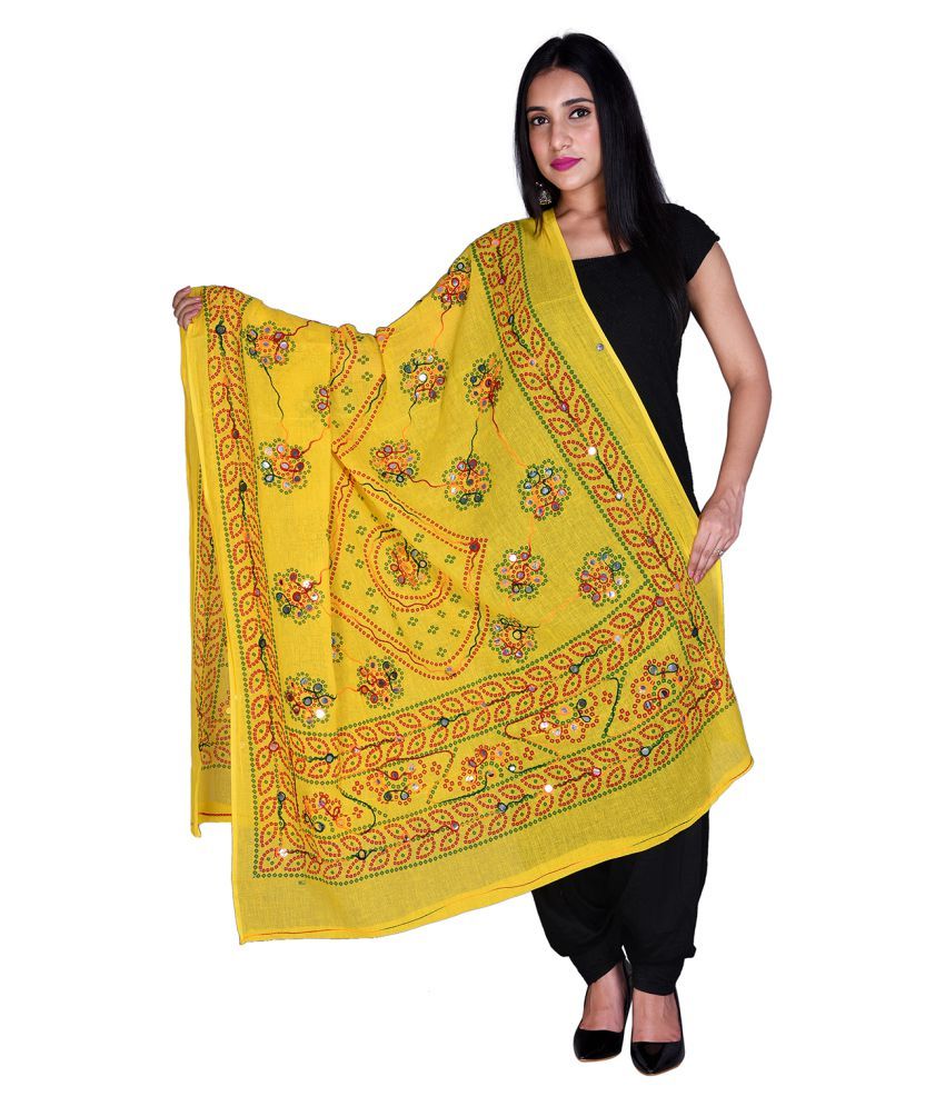     			Apratim Yellow Cotton Aari Embroidered Dupatta - Single