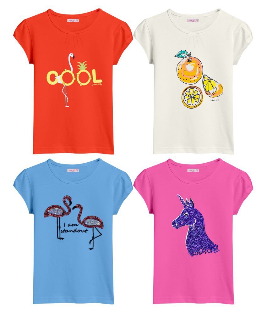    			Luke and Lilly Kids Girls Cotton  Sequined and Printed Tshirt pack of 4