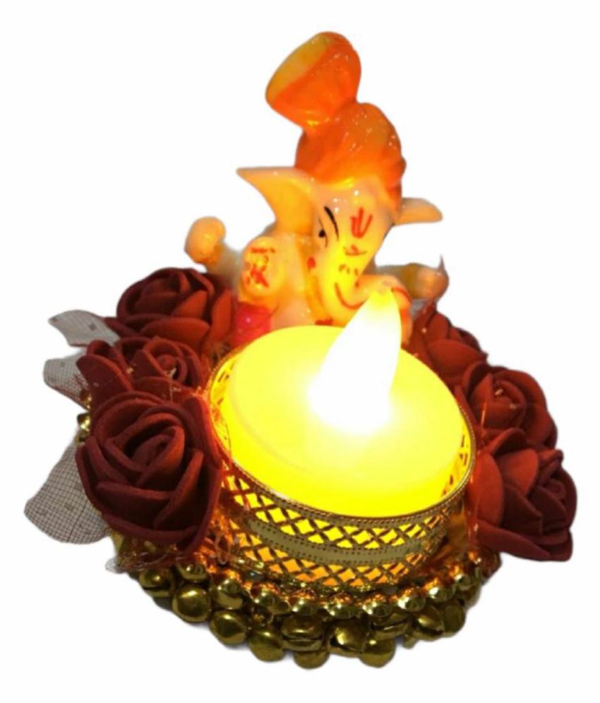 thriftkart Lord Ganesha Idol with Beads Ghughari Tea Light LED T-lite Yellow - Pack of 1