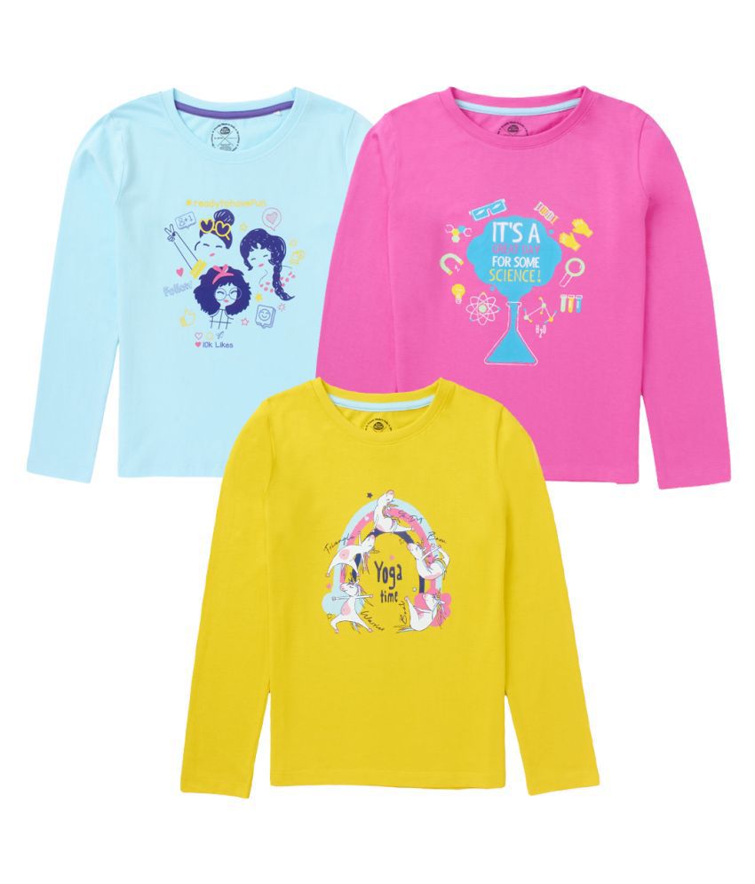     			Cub McPaws Girls 100% Cotton Pack of 3 Full Sleeves T-Shirts Multicolor with Graphic Print