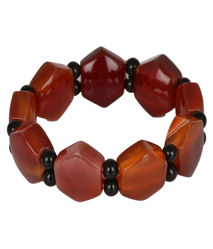     			KESAR ZEMS Natural Red Carnelian Color Crystal Bracelet Hexagon & Black Round Shape Stone With Smooth Stone Bracelet Stretchable Wrist Stylish Band For Unisex {10 x 2 x 1 CM} Red & Black.