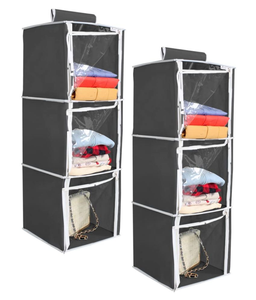     			PrettyKrafts 3 Shelf with Transparent Front Clothes Hanging Organizer, Wardrobe for Regular Garments, Shoes Storage Cupboard, Hanger Bag,(Pack of 2) Black